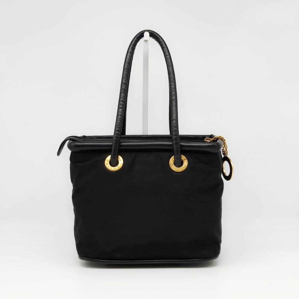 Vintage Celine Paris Black Nylon Leather Trim Tote Handbag Italy